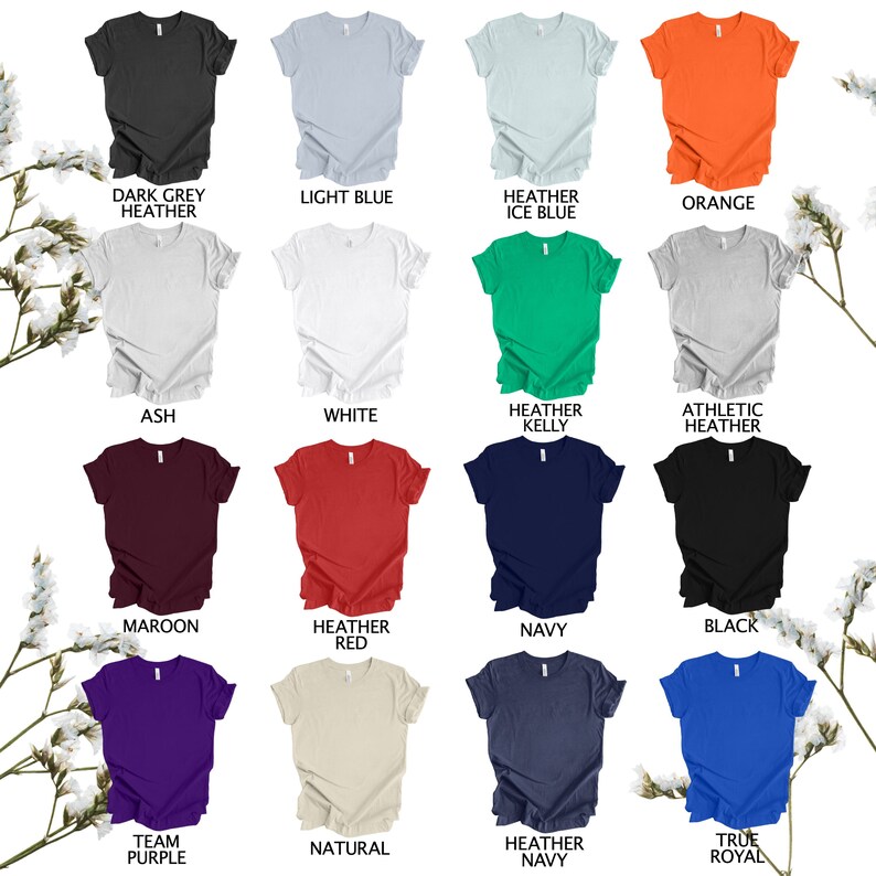 May include: A selection of 16 blank t-shirts in various colors, including dark grey heather, light blue, ice blue, orange, ash, white, heather kelly, athletic heather, maroon, heather red, navy, black, team purple, natural, heather navy, and true royal.