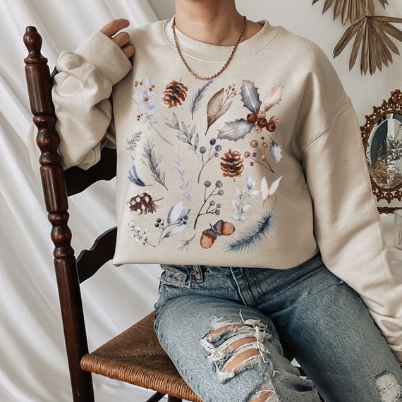 Winter Sweatshirt, Cottagecore Sweatshirt, Forest Sweatshirt, Winter Nature Sweatshirt, Leaves Sweatshirt, Evergreen  Sweatshirt, Plus Size