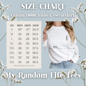 Op de afbeelding: Maattabel voor een Gildan 18000 unisex sweatshirt. De tabel toont de afmetingen in inches voor breedte, lengte en mouwlengte voor maten S tot en met 5XL.