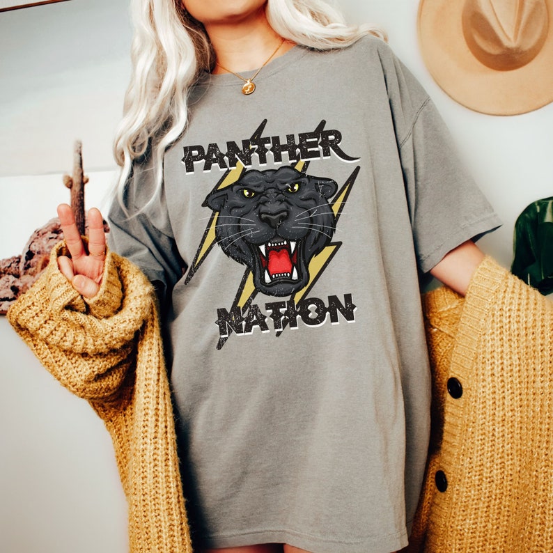 Op de afbeelding: Een grijs oversized t-shirt met een zwarte panter afbeelding en de tekst "PANTHER NATION" in een verweerd lettertype.
