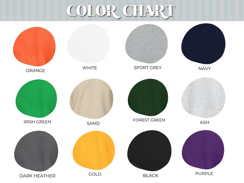 Op de afbeelding: Kleurenkaart met 12 verschillende kleuren stofstalen. De kleuren zijn: oranje, wit, sport grijs, marineblauw, Iers groen, zand, bosgroen, as, donker grijs, goud, zwart en paars.