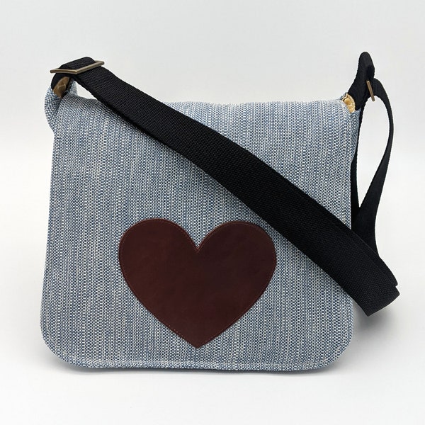 Slouchy, Cross Body Messenger Bag or Should Bag w/ Adjustable Strap, Light Blue Fabric w/ Dark Red Leather Heart Fabric, Boho Hippie Style