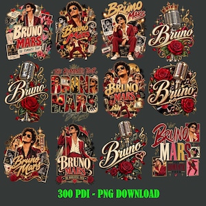 May include: A digital collection of twelve graphic designs featuring Bruno Mars, incorporating vintage microphones, red roses, musical notes, and the text Bruno Mars The Romantic Tour. The artwork uses a color palette of red, gold, and black.