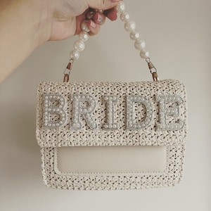 Personalised bridal Pearl handbag, woven bag, bridal shower gift, honeymoon gift, gifts for bride,bride to be hen party, Pearl clutch bag