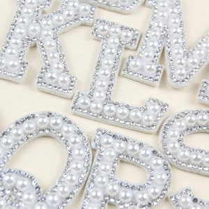 White Pearl and rhinestone letter patches for Iron on, embroidery. Personalise your own clothes & bags