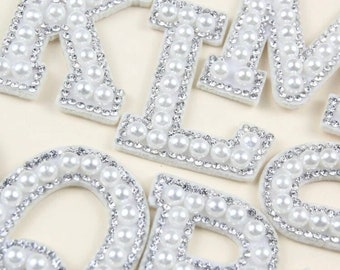 White Pearl and rhinestone letter patches for Iron on, embroidery. Personalise your own clothes & bags