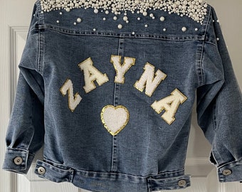 Girls Denim Jacket / Denim Jacket with Pearls / Baby Denim Jacket / Toddler Denim Jacket