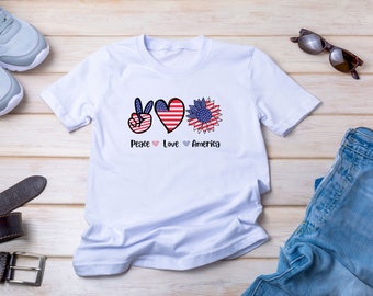 Peace Love America America Camicia di girasole, Bandiera USA Fiore T Shirt, Regalo per l'americano, 4th Of July Flag Graphic T-Shirt, Freedom TShirt,