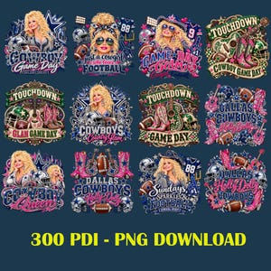 Lot de plus de 9 images PNG de football américain des Dallas Cowboys, images PNG « Jour de match des Cowboys », design « Maman de footballeur qui marque un touchdown », clipart de pom-pom girl, téléchargement numérique