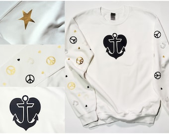 Nautical theme sweatshirt or hoodie(designs on hood) White with black and gold designs. Anchor and Heart on chest. Peace sign J's and hearts