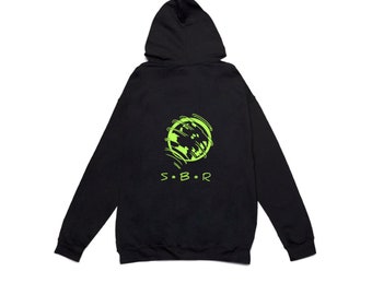 Black & Neon Yellow Green embroidered Spinning Planet or Ball on Back, Hoodie or Sweatshirt