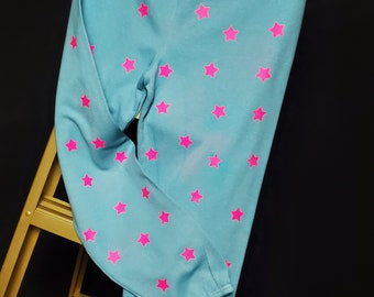 Aqua sweatpants, dyed prewashed with pink fluorescent/glow in the dark stars on legs front and back