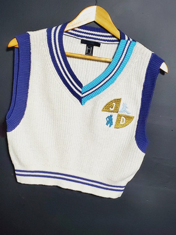 Cream/ Blue Knit Sweater Vest Embroidered, Colorblock Design