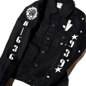 Limited edition black denim cowboy jacket  Numbers stars and more. White soft gloss and white reflective designs