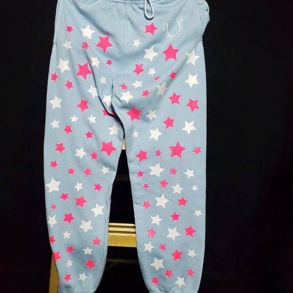 Stars and Horseshoe Kentucky sky color sweatpants  with glow stars and fluorescent pink stars