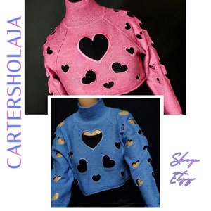 Limited Edition Blue or Raspberry pink Cropped Lightweight Womens Mock Neck Sweater with cut out hearts embroidered sealed