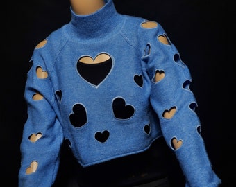 Limited Edition Blue Cropped Lightweight Womens Mock Neck Sweatshirt with cut out hearts embroidered sealed