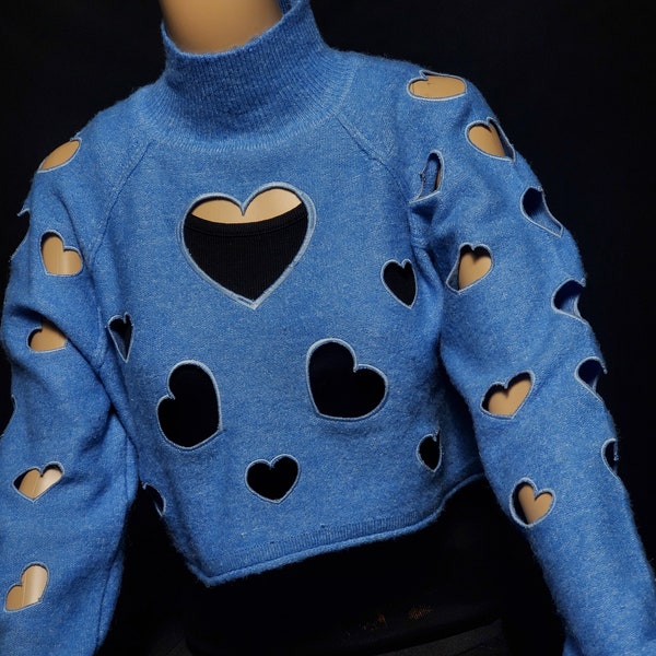 Limited Edition Blue Cropped Lightweight Womens Mock Neck Sweatshirt with cut out hearts embroidered sealed