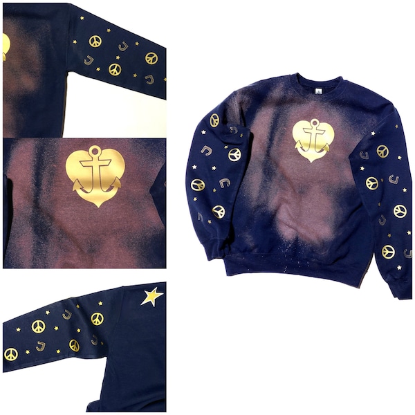 Nautical theme sweatshirt Blue Bleached and gold designs, available Unbleached as well. Anchor and Heart on chest. Peace sign, J's and stars