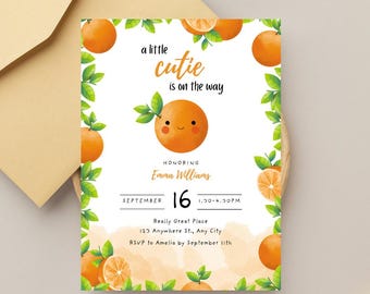 A Little Cutie is On the Way, Babypartyeinladung, Orange, Geschlechtsneutral, Jungen / Mädchen-Babyparty einladen, bearbeitbare Canva Digital Download