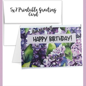 Carte de voeux d'anniversaire numérique lilas violets, impression aquarelle, carte numérique, carte imprimable, blanc