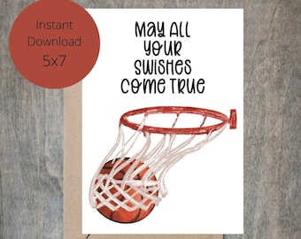 Biglietto di auguri di compleanno a tema basket / tema Swish, stampabile 5x7 (download digitale)