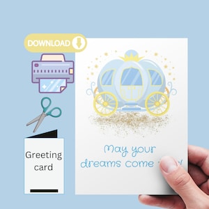 Que seus sonhos se tornem realidade Cartão de felicitações para impressão da princesa Cinderela | Download instantâneo da princesa | Aniversário da princesa Disney | Você imprime