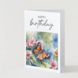 Cartão de felicitações em branco para impressão, Feliz aniversário com borboleta, Cartão digital, Cartão para impressão, Em branco