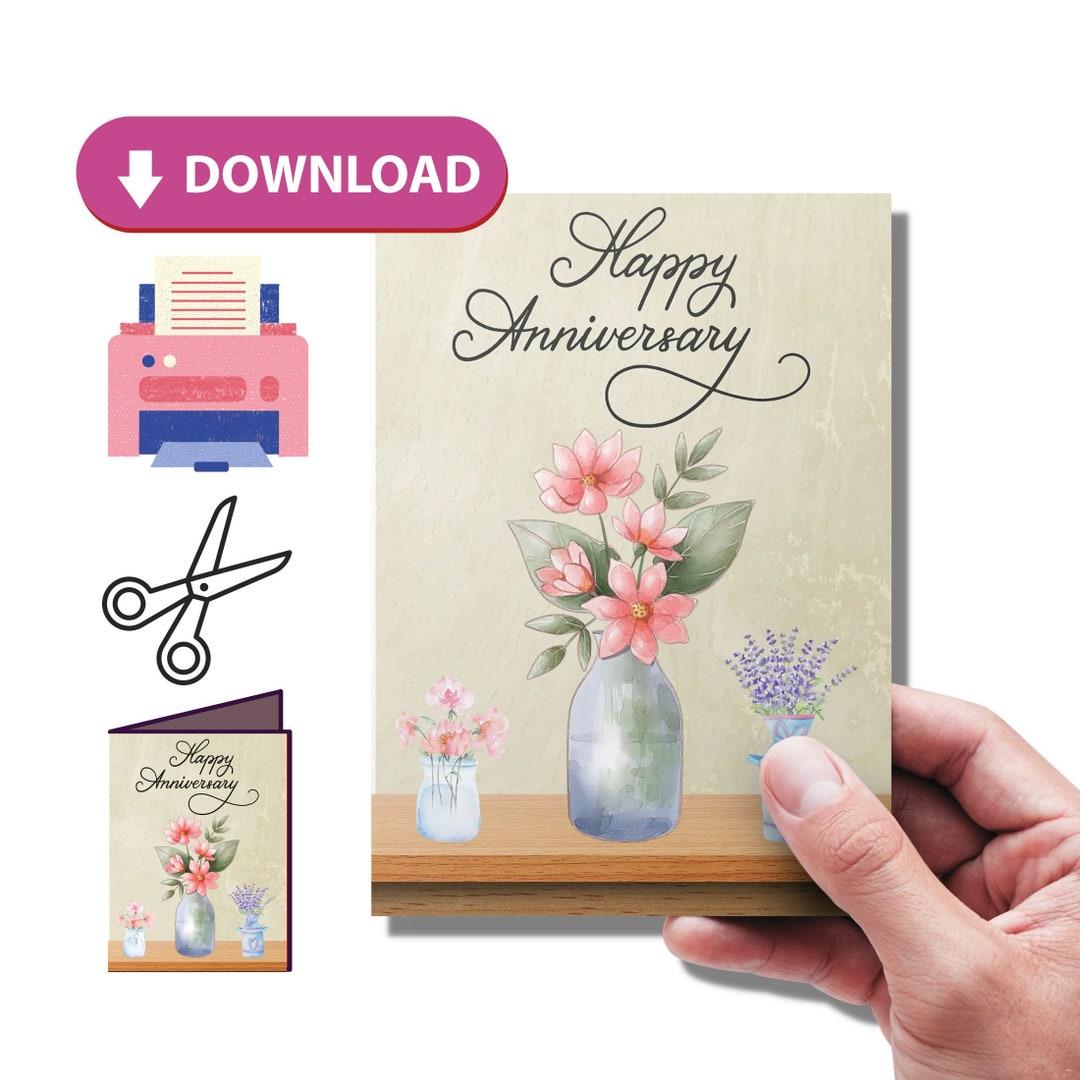 Floral Happy Anniversary Card | Printable Greeting (digital Download ...