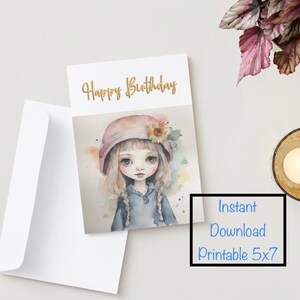 Cartão de felicitações para boneca de feliz aniversário para impressão, impressão em aquarela, menina, cartão digital, cartão para impressão, em branco, qualquer ocasião