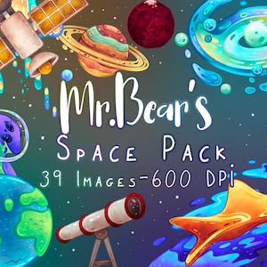 Mr.Bear's Space Pack - Clipart- Original & Hand-drawn - Watercolor - High Quality - Instant Access Download - Galaxy Clipart - Alien Clipart