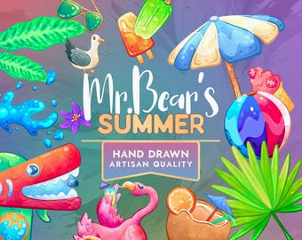 Summer Clipart Bundle - 32 Hand-Drawn PNGs - Sun, Beach, Ice Cream and Fun Elements - 600 DPI - Instant Download for Crafts and More