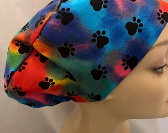 Euro Scrub Hat Neon Dog Paw prints Toggle Adjustable Surgical Cap CRNA CNOR Veterinarian Groomer