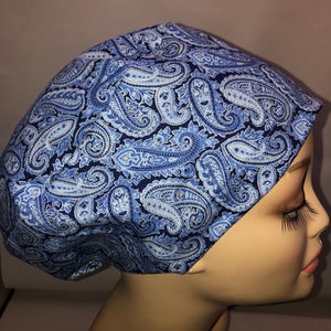 Euro Scrub Hat Cancer Cure Paisley Blue Silver Toggle Adjustable CRNA CNOR Chef Cap Xray Dentist