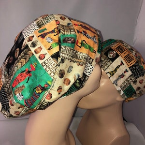 May include: Two surgical caps with a colorful African print design. The print features geometric patterns, figures, and pottery.