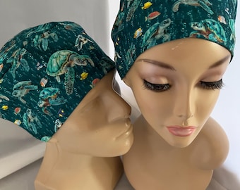 Sea Turtle Euro Scrub Hat Beach Toggle Adjustable CRNA CNOR Chef Cap Xray Dentist