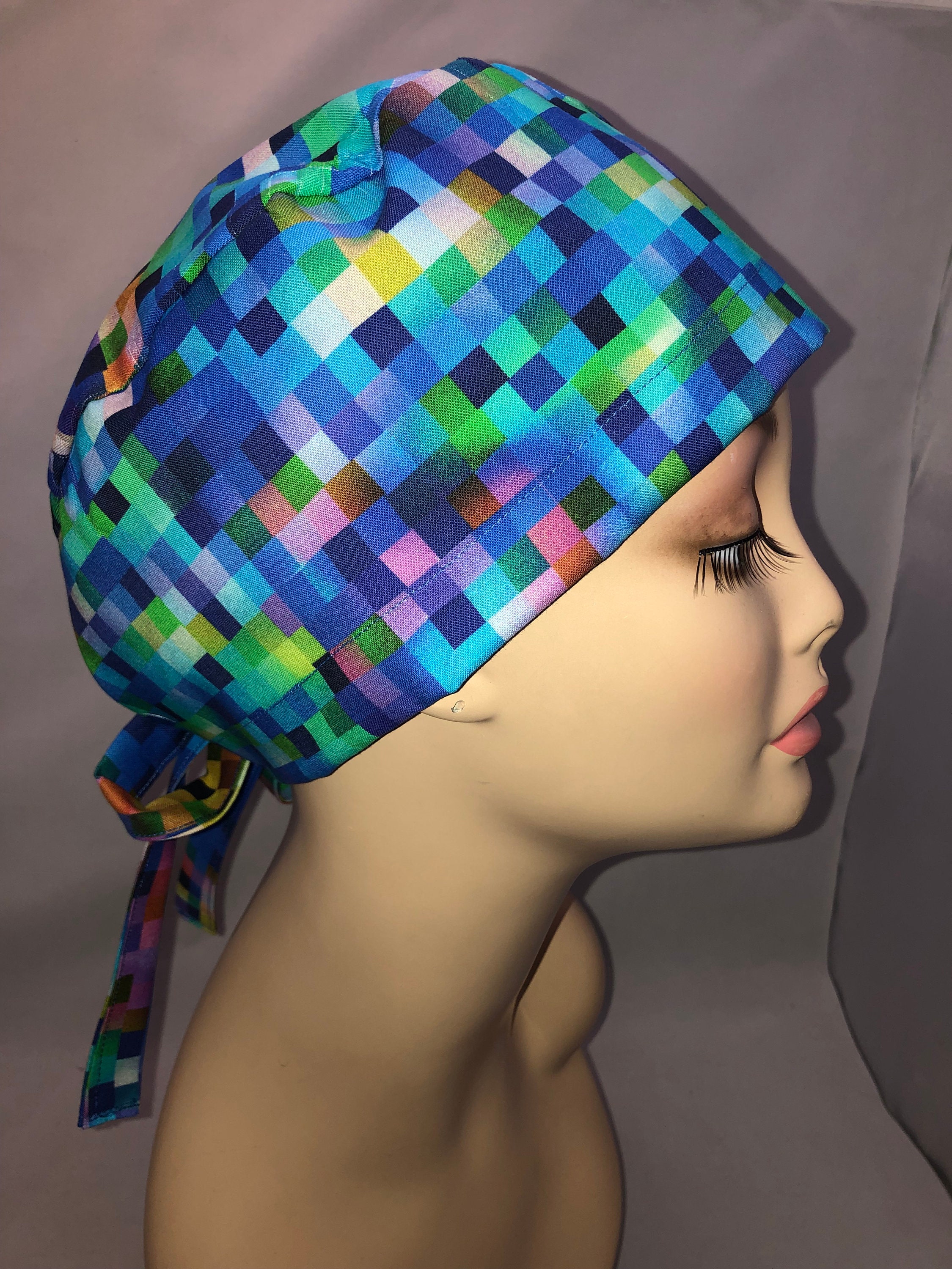 Tie Back Scrub Hat Colorful Checks adjustable CRNA CNOR Dr Scrub Cap Surgeon