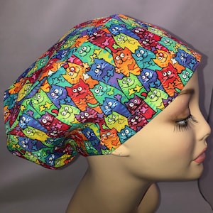 Euro Scrub Hat Cats Kittens Modern Rainbow Cord Lock Toggle Adjustable CRNA CNOR Chef Cap Xray Dentist