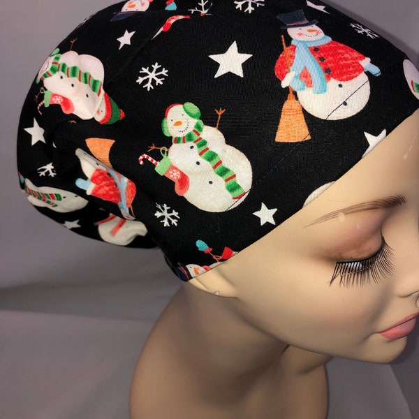 Christmas Euro Scrub Hat Snowman Snowflakes  Stars Toggle adjustable cap CRNA CNOR Black