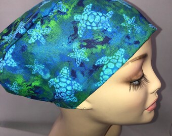 Euro Scrub Hat Beach Sea Turtle Cord Lock Adjustable CRNA CNOR Chef Cap Xray Dentist Blue