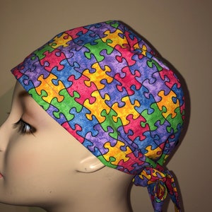 Tie Back Scrub Hat Autism Puzzle adjustable CRNA CNOR Dr Scrub Cap Surgeon