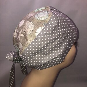 Tie Back Scrub Hat Gray Seashells CRNA CNOR Dr Scrub Cap Surgeon Unisex