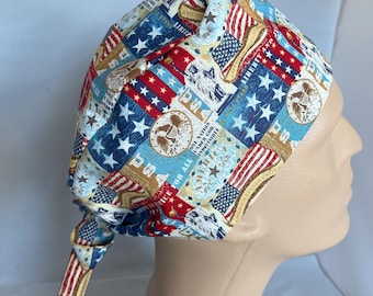 USA Tie Back Scrub Hat American Flags Lady Liberty CRNA CNOR Dr Scrub Cap Surgeon Patriotic