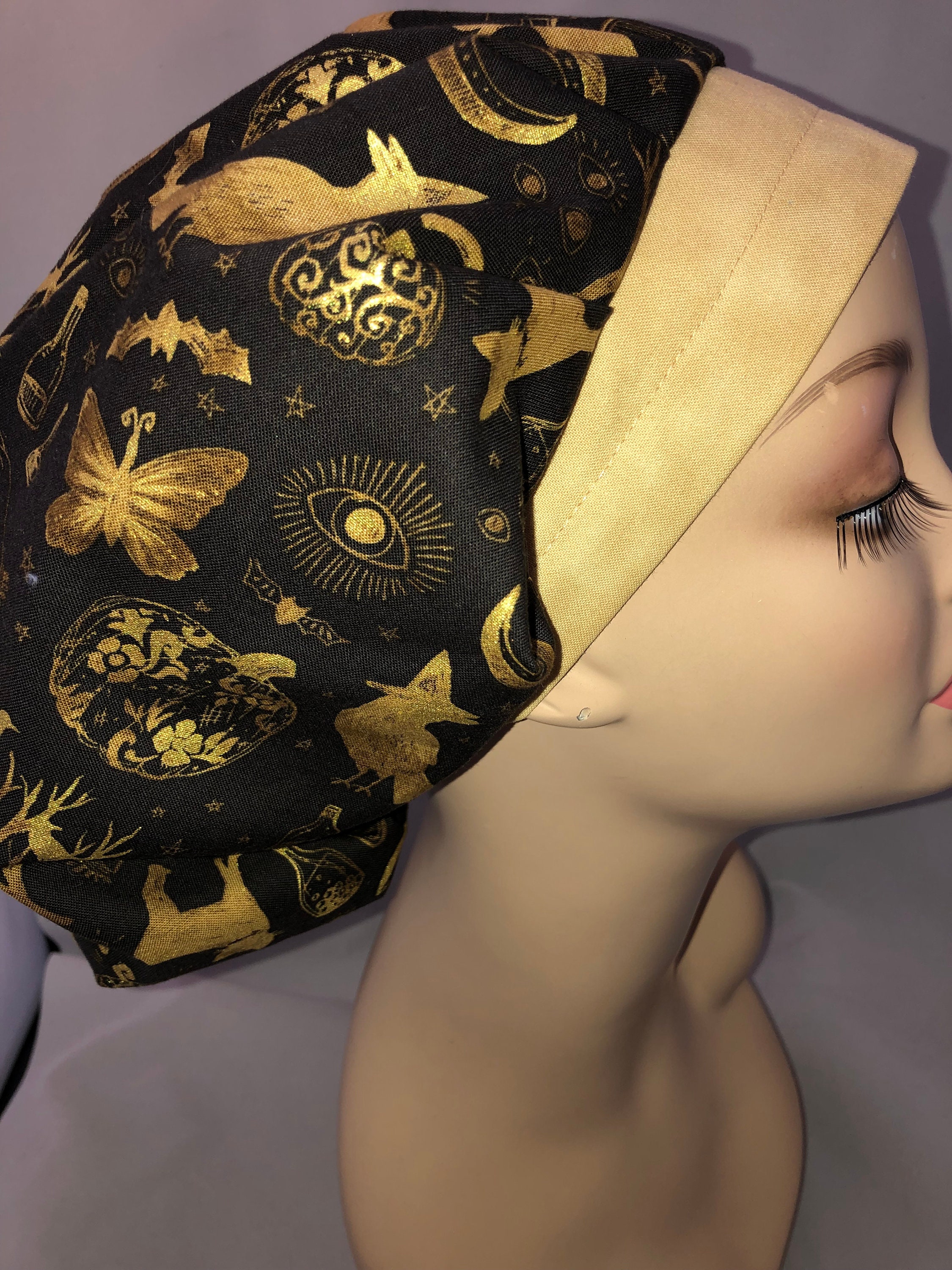Bouffant Scrub Hat Elegant Magic Cat Owl Gold Black adjustable cap CRNA CNOR