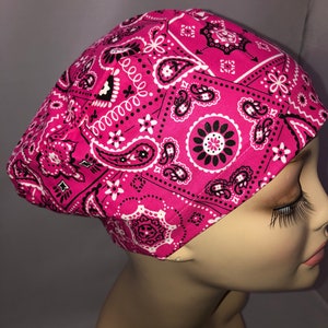 Euro Scrub Hat Calico Bandana Cowgirl Paisley HOT Pink Toggle Adjustable Cap CRNA CNOR Biker Chef Xray