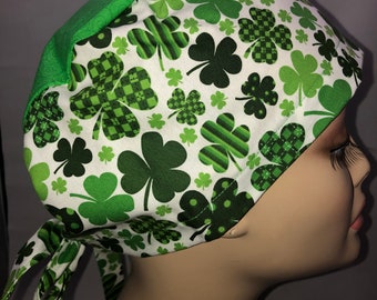 Green White Shamrock Combo Tie Back Scrub Hat CRNA CNOR CORT Dr St Patrick's Day