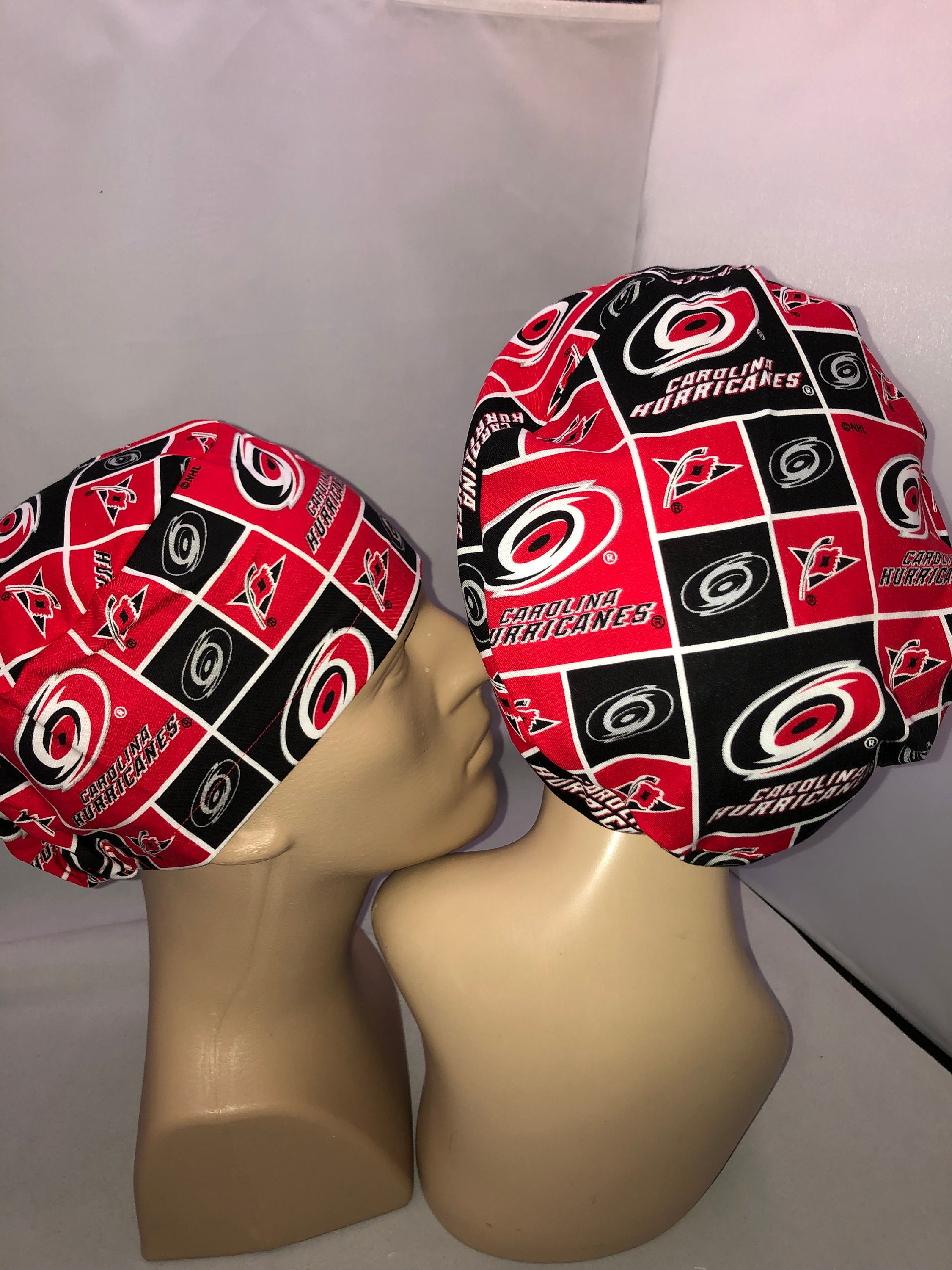 Men's Carolina Hurricanes Surgical Scrub Hat, Semi-Lined Fold-Up Cuffed  (shown) or No Cuff, Handmade - Crazy Caps Scrub Hats