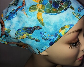 Euro Scrub Hat Beach Sea Turtle Toggle Adjustable CRNA CNOR Chef Cap Xray Dentist Blue
