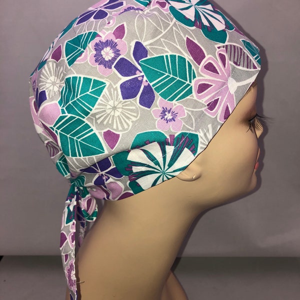 Tie Back Scrub Hat Hawaiian Mod Flowers CRNA CNOR Chef Skull Cap Xray Dentist