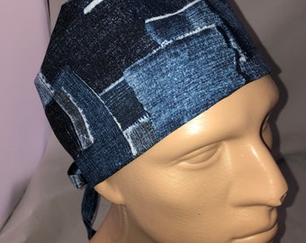Tie Back Scrub Hat Blue Jean Denim Patch Design CRNA CNOR Dr Skull Scrub Cap Surgeon